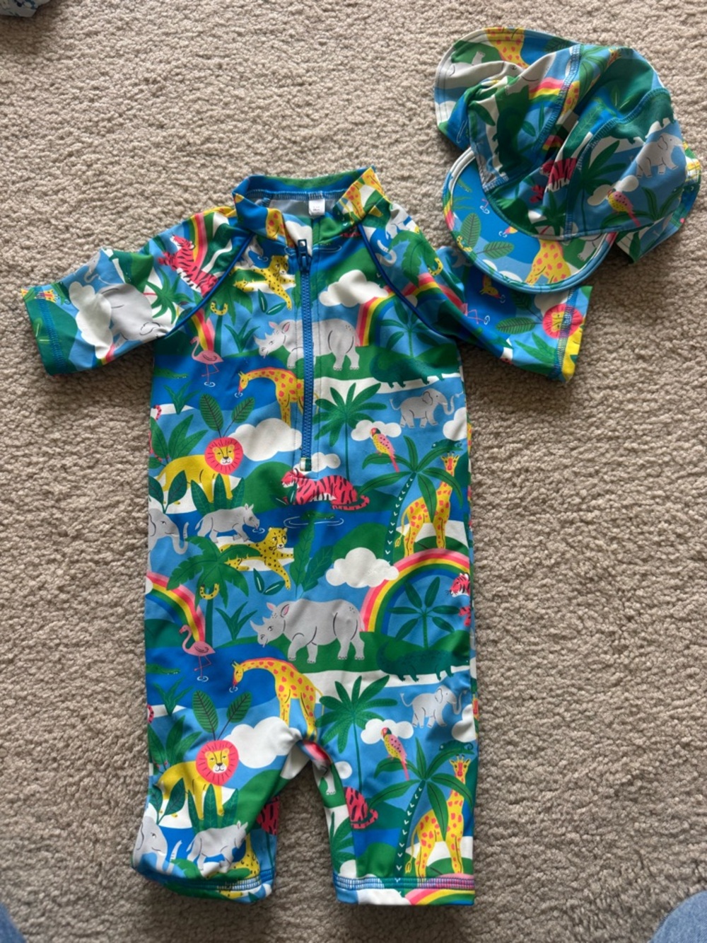 Mini Boden Blue Safari Animal Print Rashguard Swimsuit with Hat